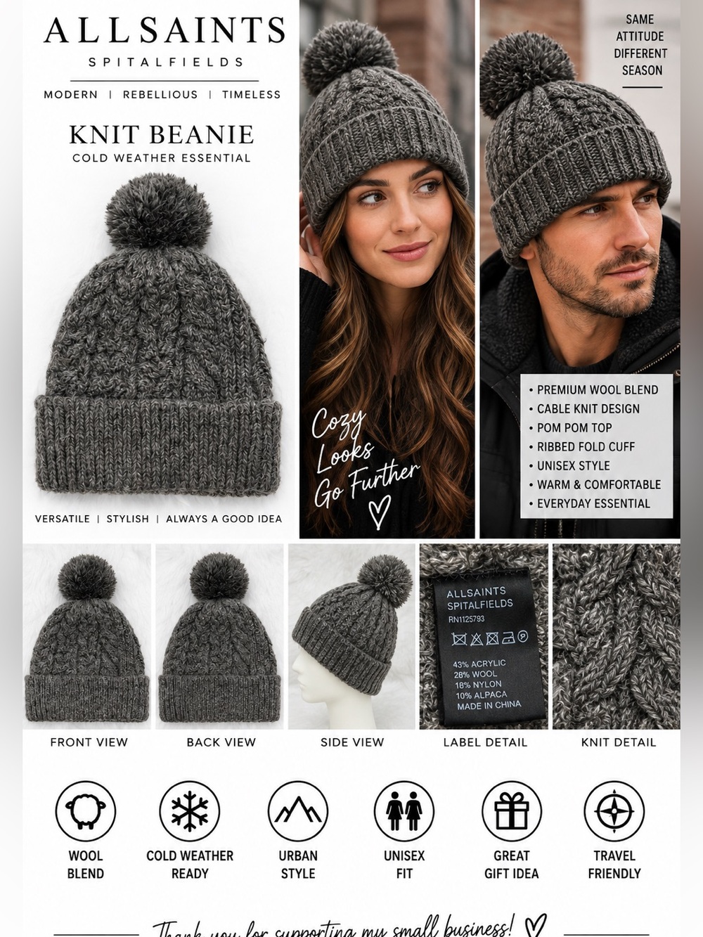 AllSaints Spitalfields Gray Wool Alpaca Blend Cable Knit Pom Pom Beanie